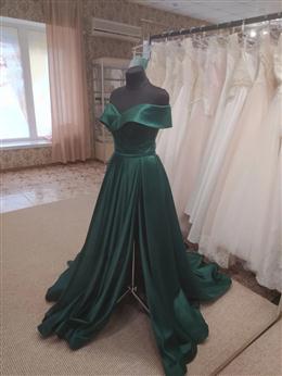 Picture of Dark Green Satin Off Shoulder Long Formal Dresses with Slit, Long Evening Dress